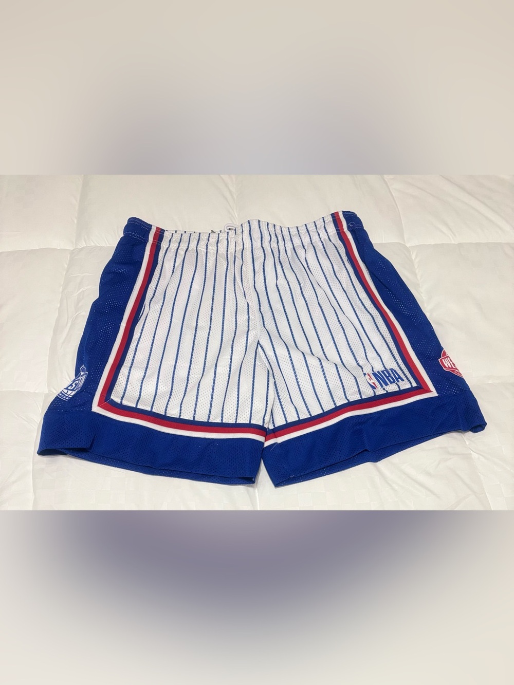 NBA White Pinstripe Shorts with Blue Trim and Red Logo